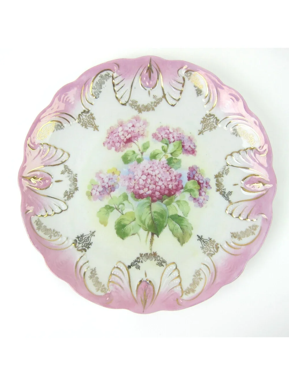 Antique Porcelain Plate Hydrangea Flowers Pink Rim Gold Accents 8